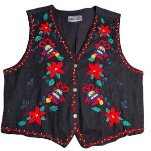 Vintage 90s Erika Classics Embroidered Folk Boho Vest Womens M/L Bells Christmas